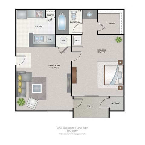 Floor plan for 1 bed, 1 bath, 660 sqft